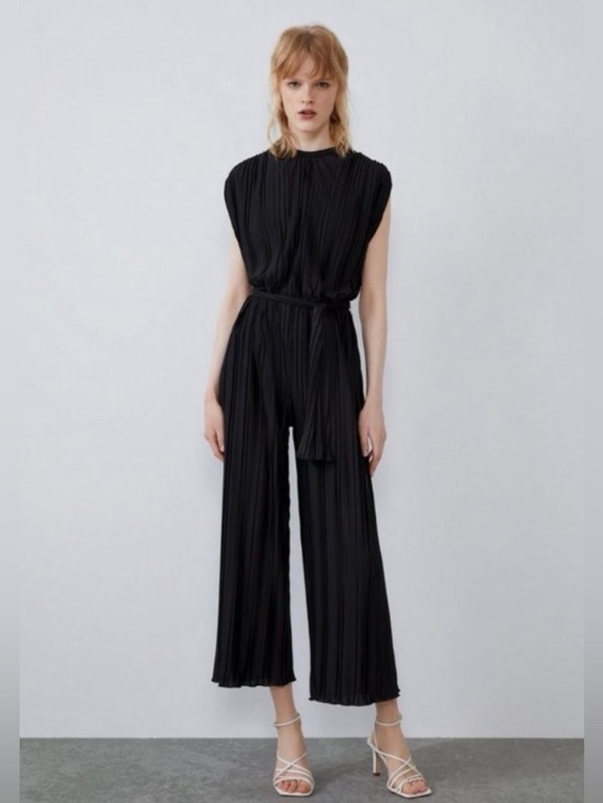 Zara Pants - Zara Black Pleated Jumpsuit with Tie Belt - Women